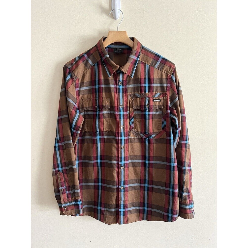 Oakley Flannel Mens Medium Button Down Shirt Fall‎ Brown Blue